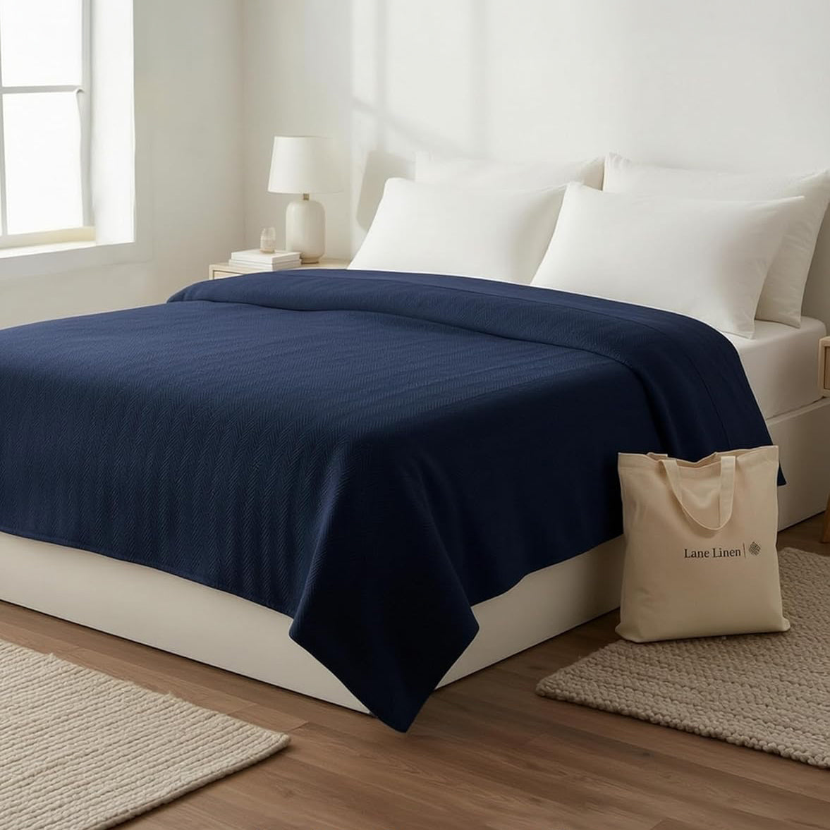 100% Cotton Herringbone Blanket - Navy