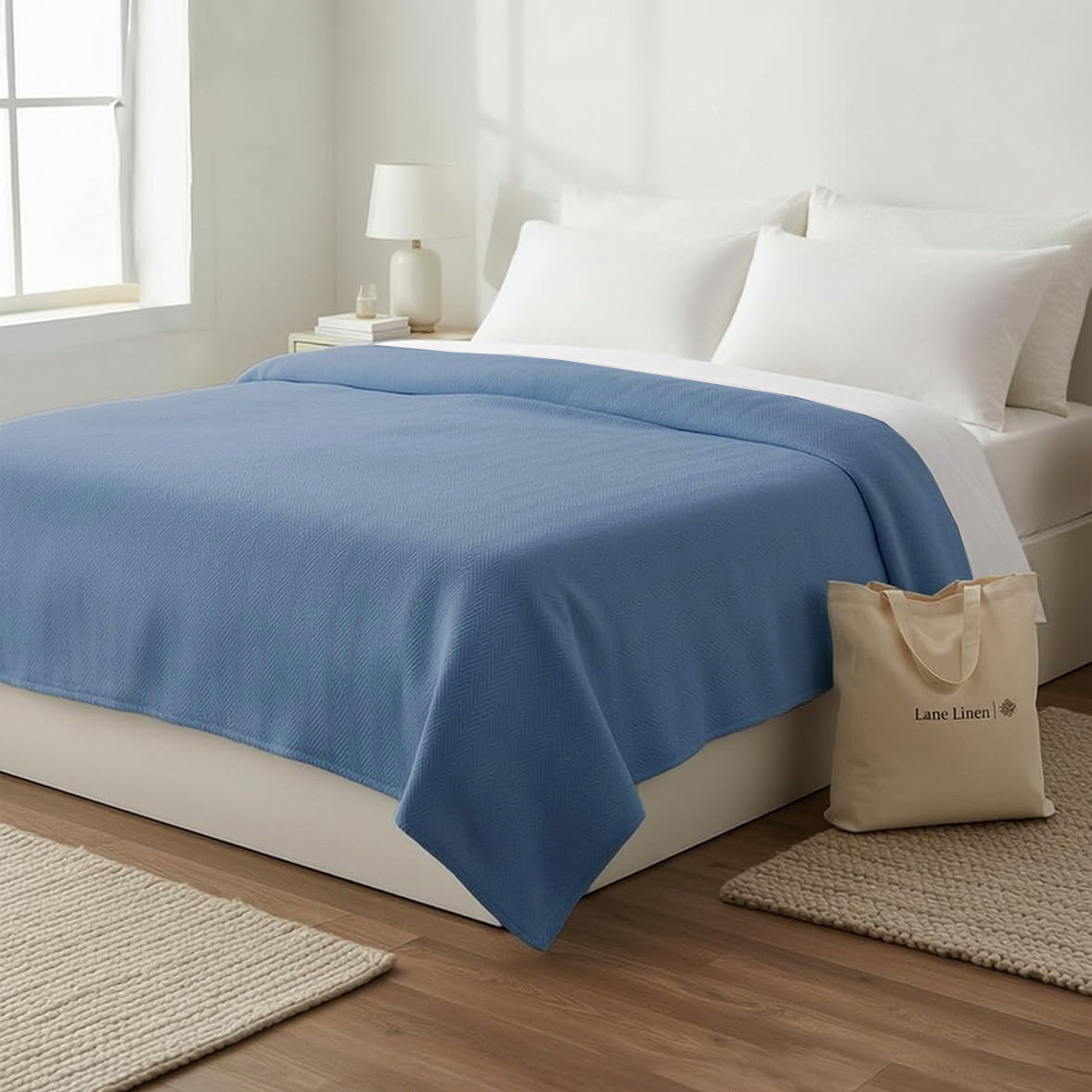 100% Cotton Herringbone Blanket - Light Blue