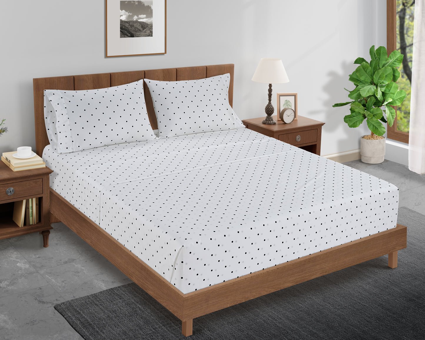 100% Organic Washed Cotton Sheet Set - Polka Dot Black