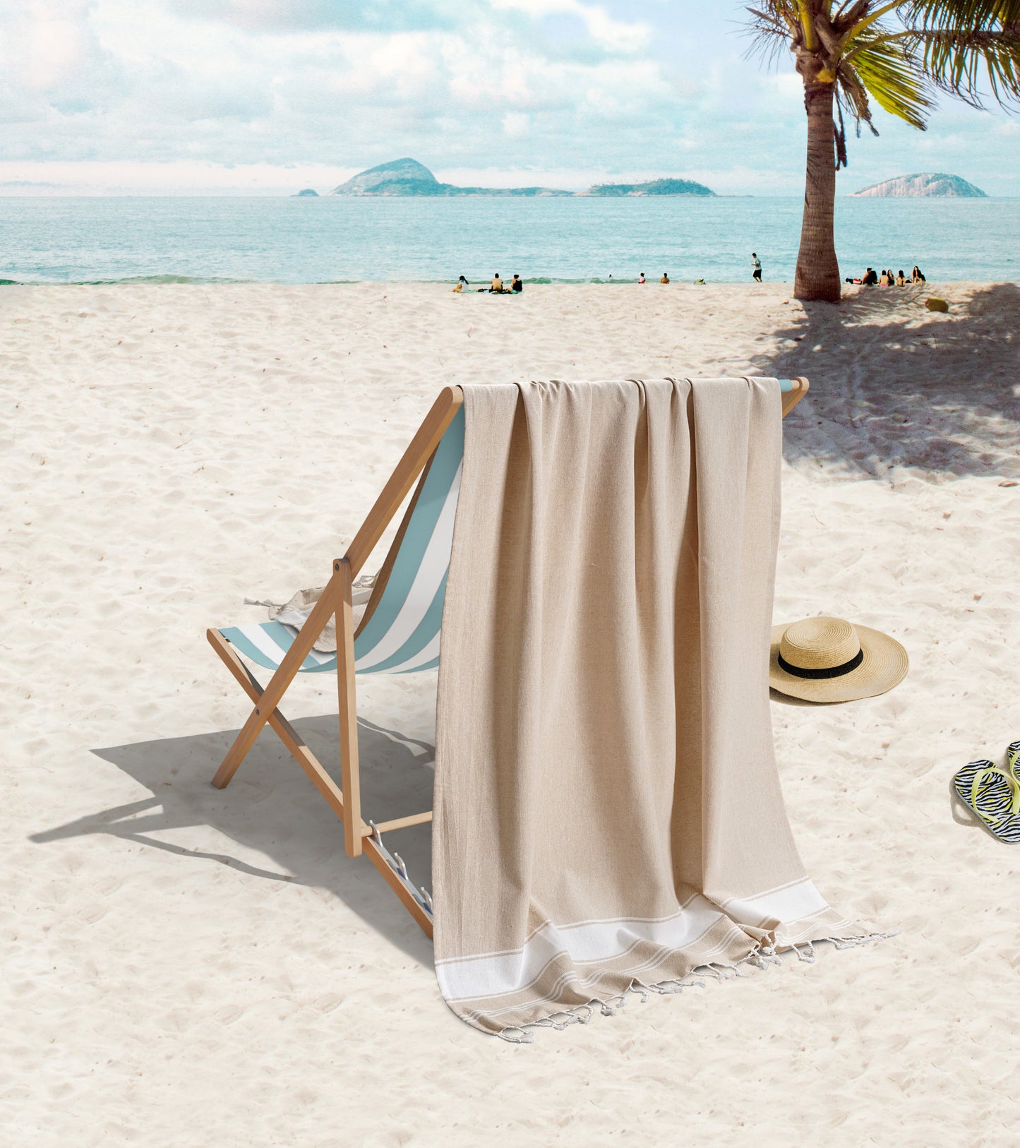 Set of 4 Chambray Turkish Beach Towels - Beige
