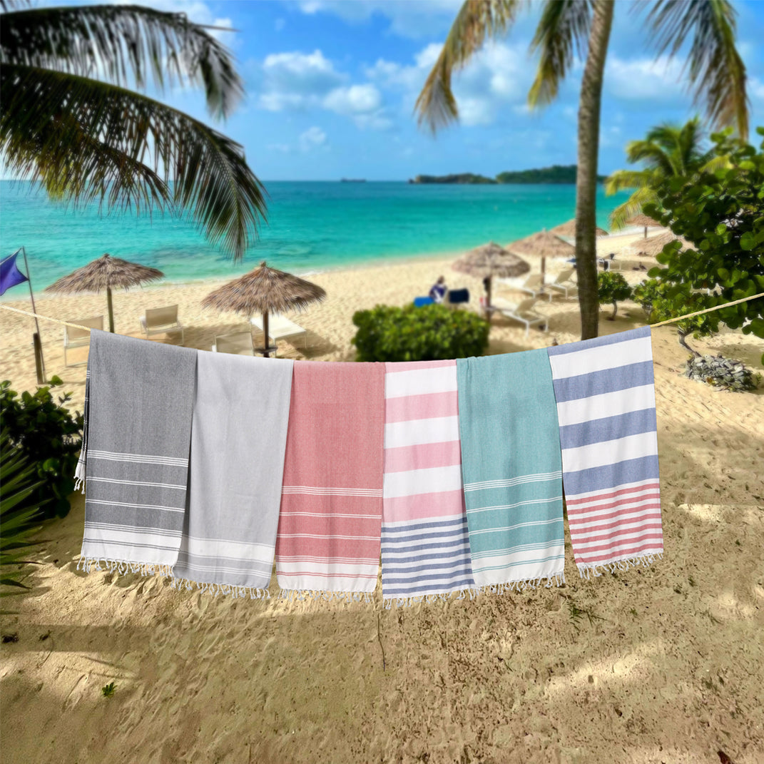 Set of 6 Chambray Turkish Beach Towels - Harbour Glow