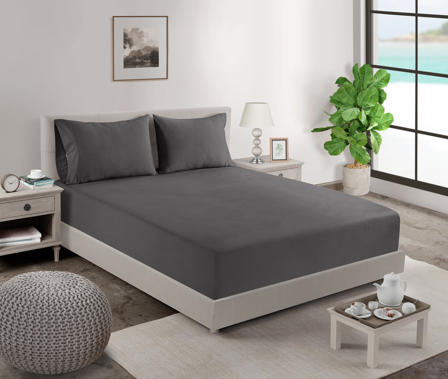 100% Organic Washed Cotton Fitted Sheet Set - Charcoal