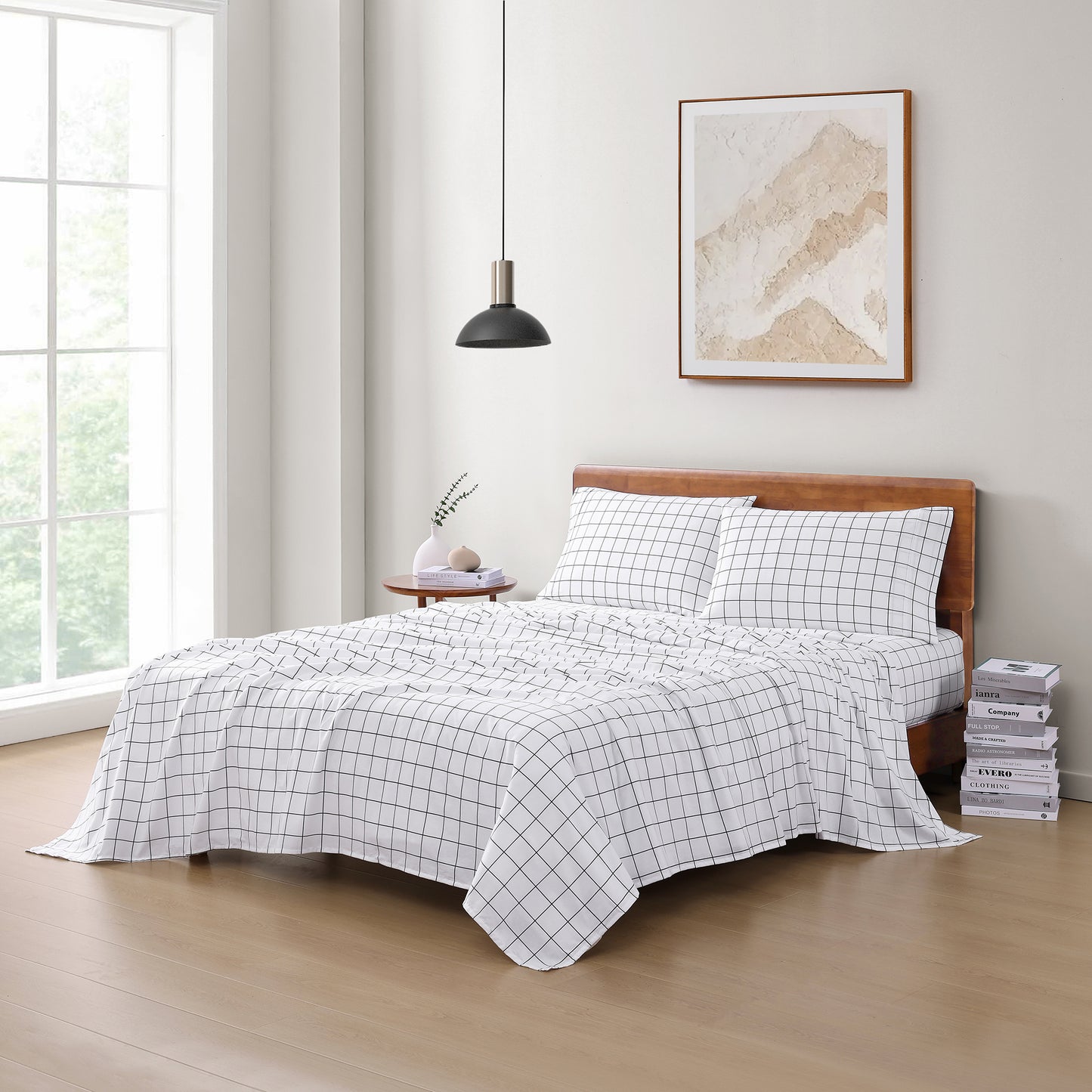 100% Organic Washed Cotton Sheet Set - Windowpane Charcoal