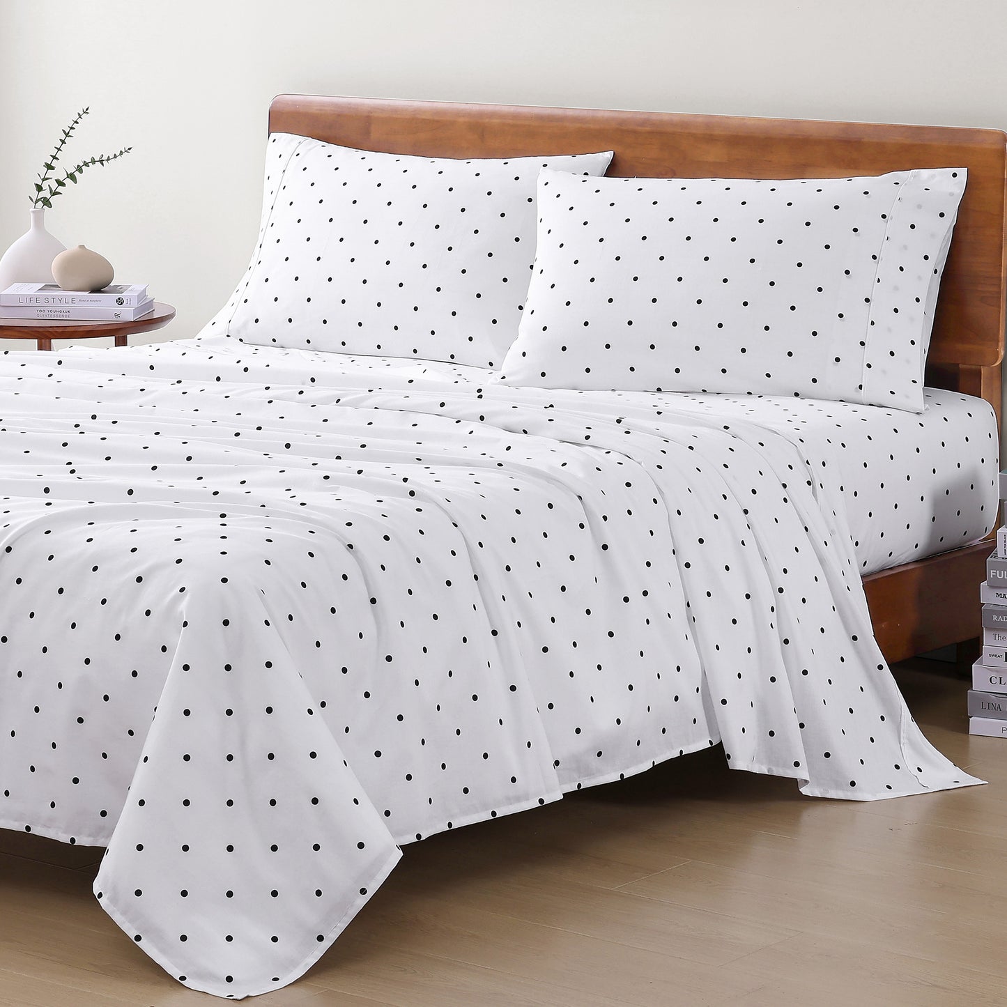100% Organic Washed Cotton Sheet Set - Polka Dot Black