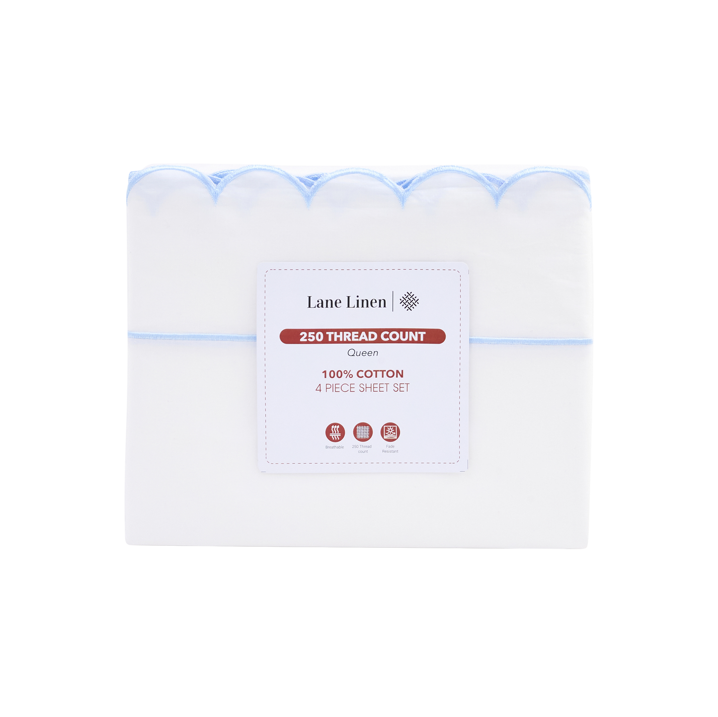 100% Cotton Scalloped Sheet Set - White with Pale Blue