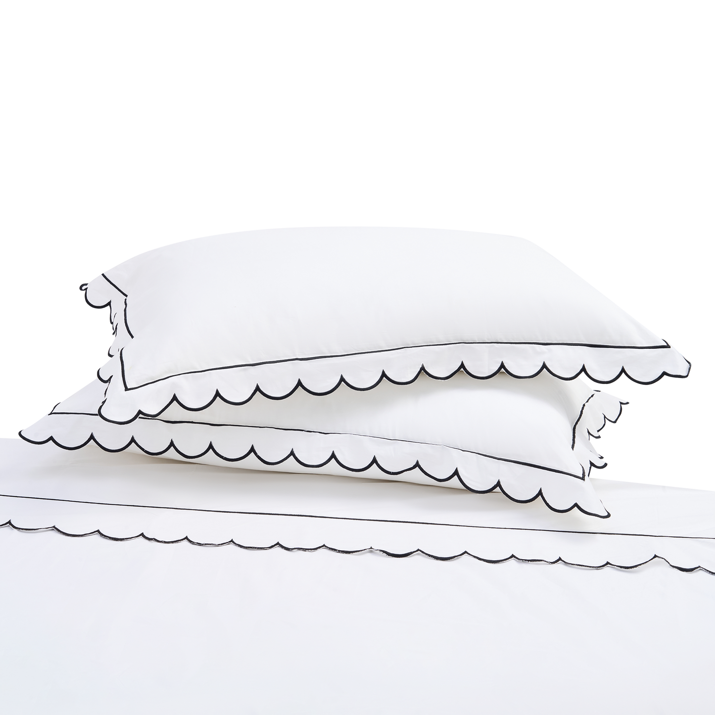 100% Cotton Scalloped Sheet Set - White with Black