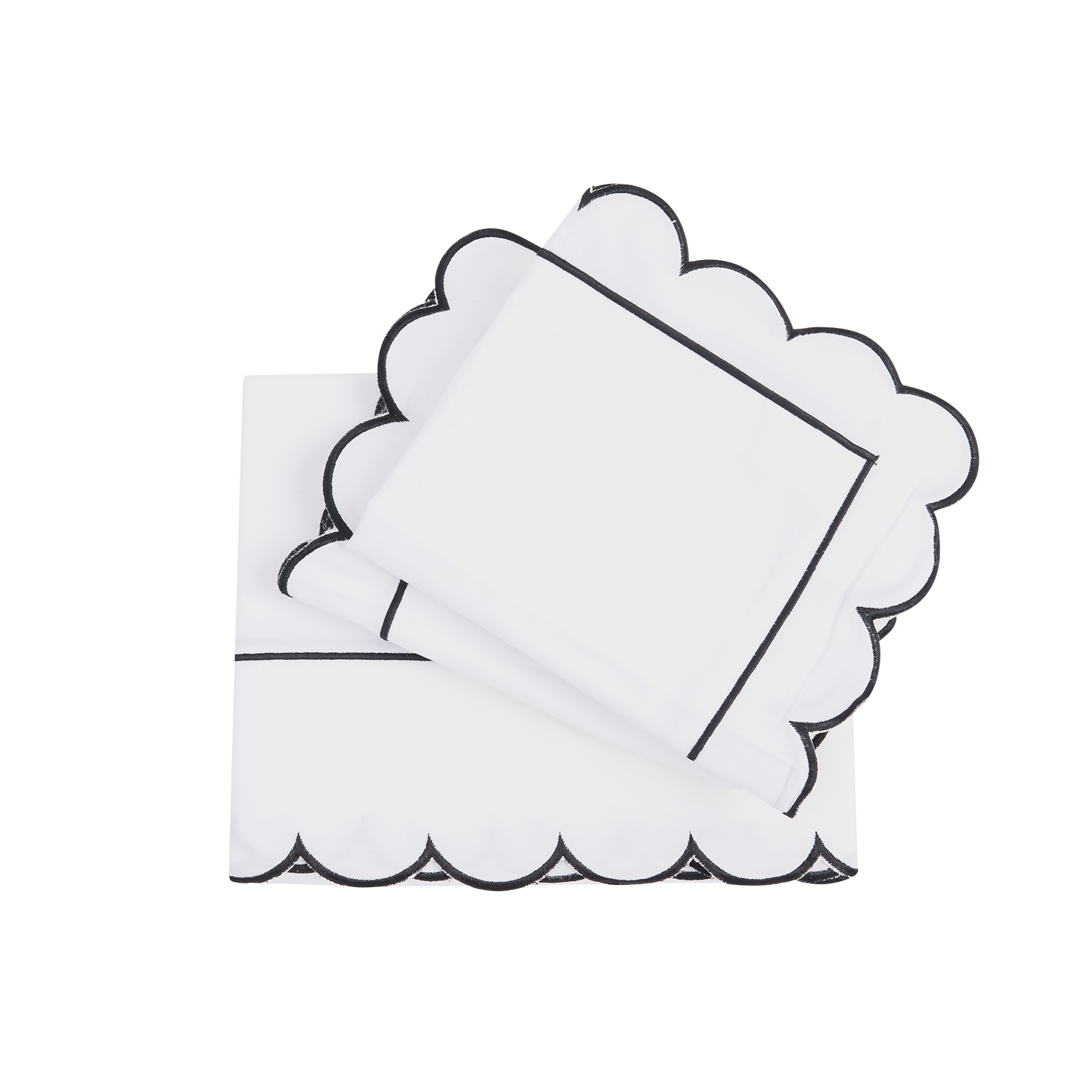 100% Cotton Scalloped Sheet Set - White with Black