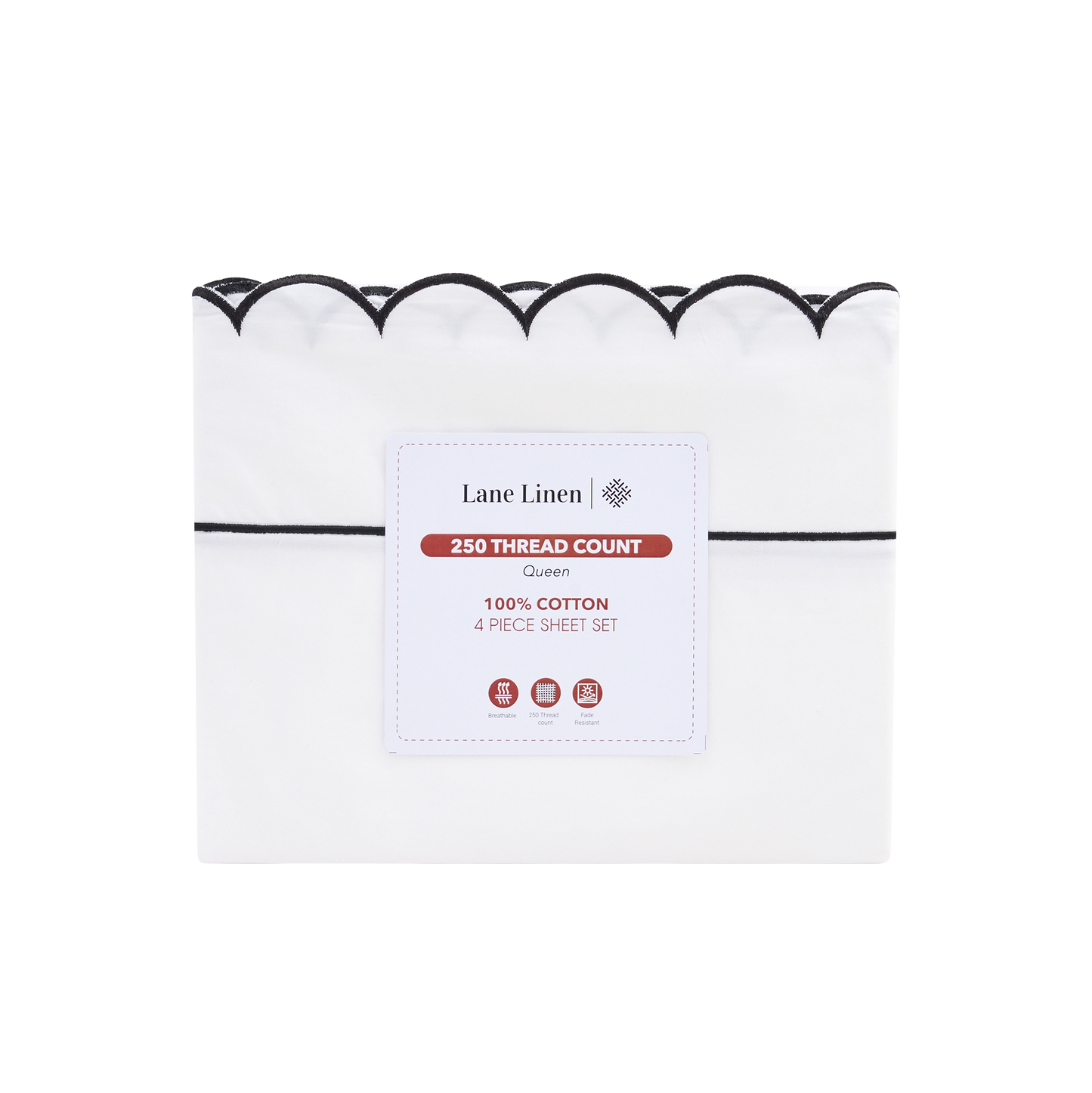 100% Cotton Scalloped Sheet Set - White with Black