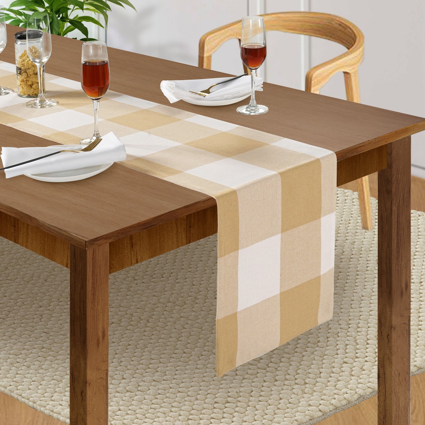 100% Cotton Table Runner 33x275cm - Beige Check