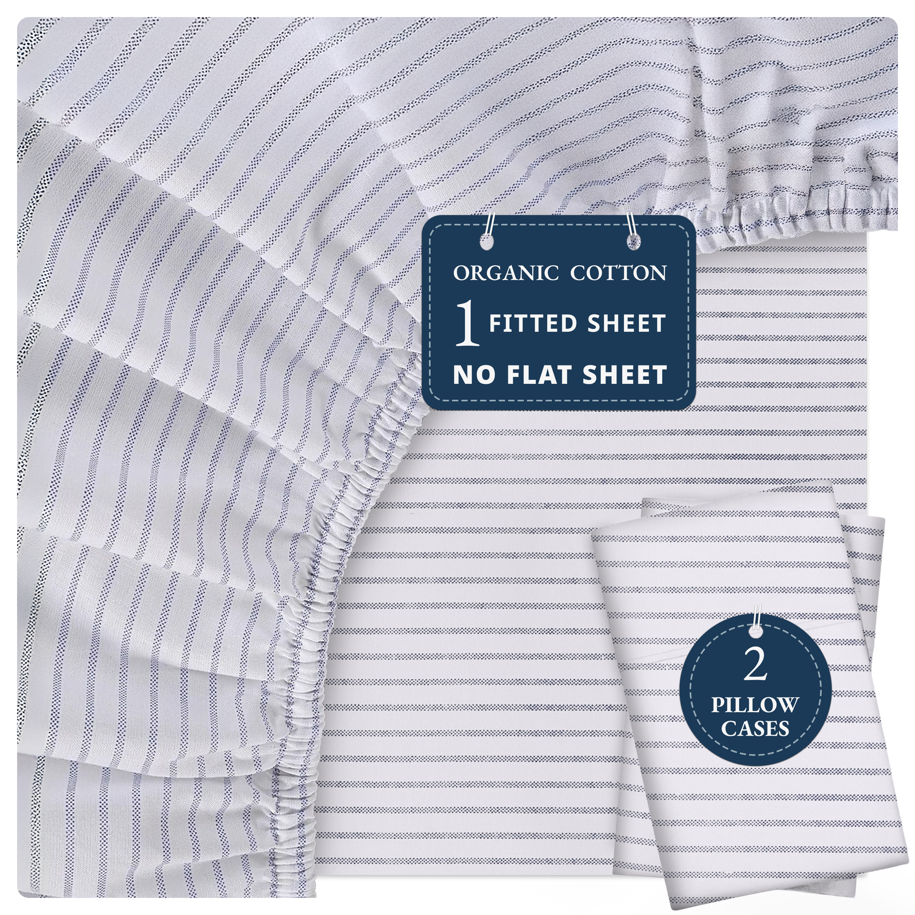 100% Organic Washed Cotton Fitted Sheet Set - Ticking Stripe Cobolt Blue