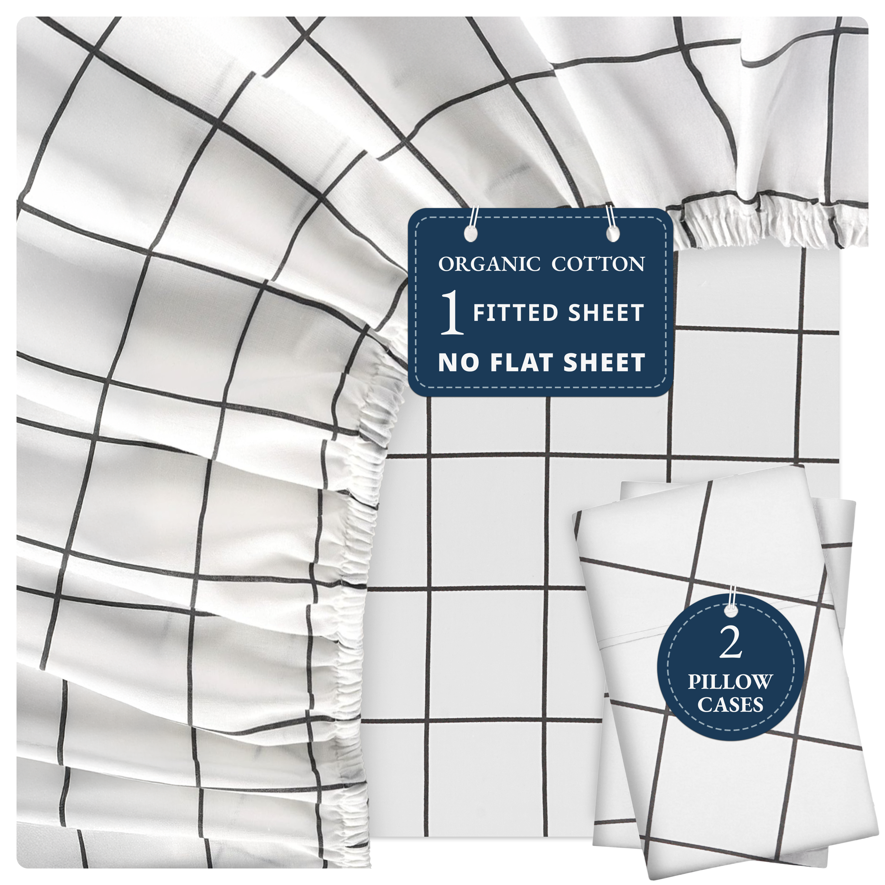 100% Organic Washed Cotton Fitted Sheet Set - Windowpane Charcoal