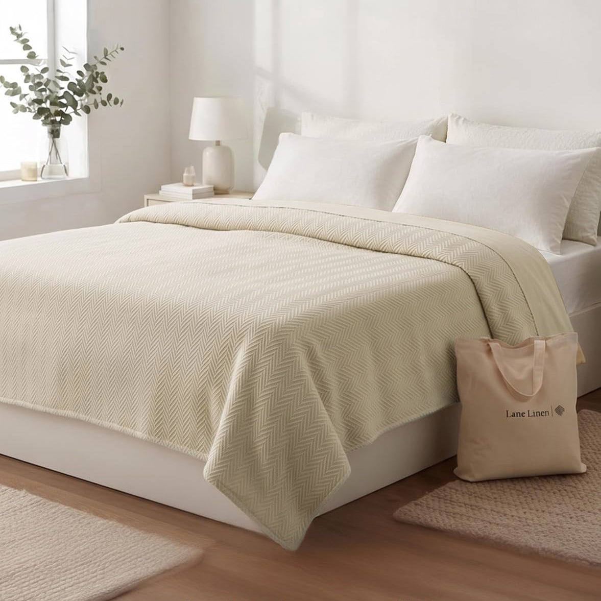 100% Cotton Herringbone Blanket - Tan