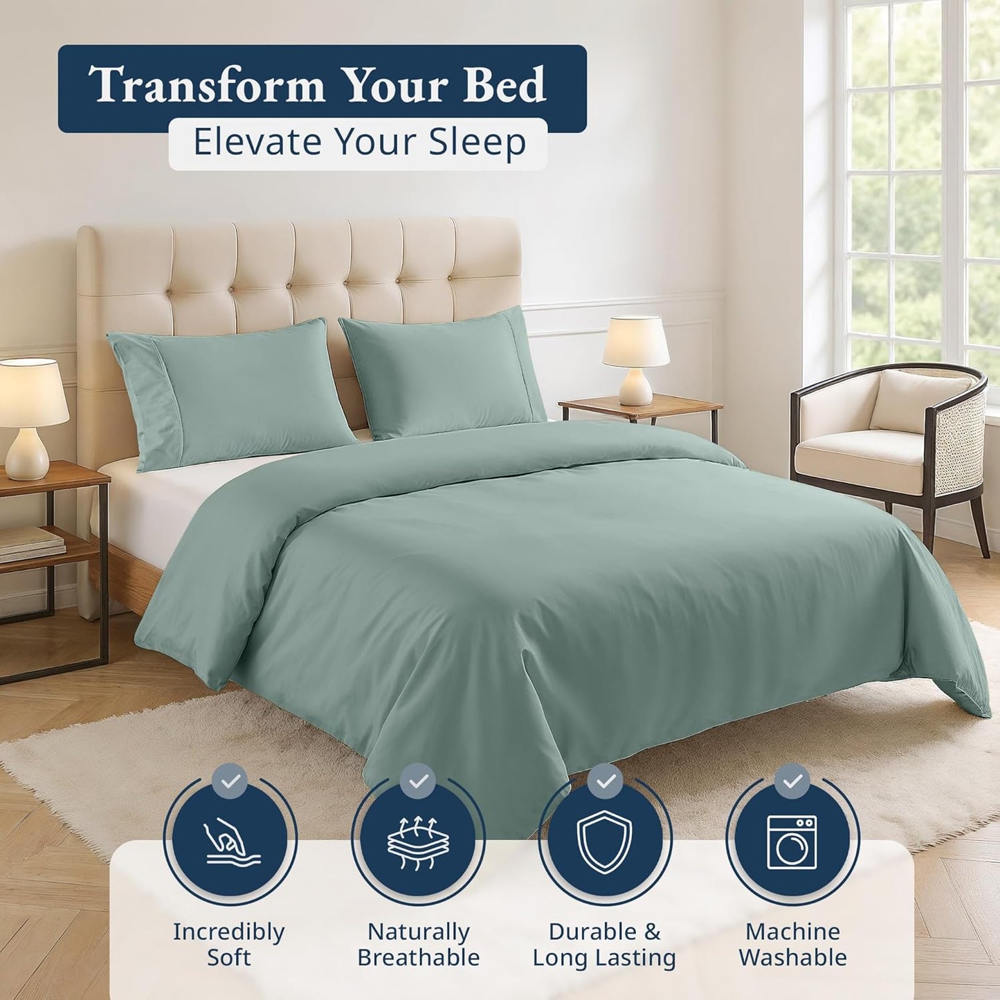 100% Organic Washed Cotton Quilt Cover Set - Cool Blue