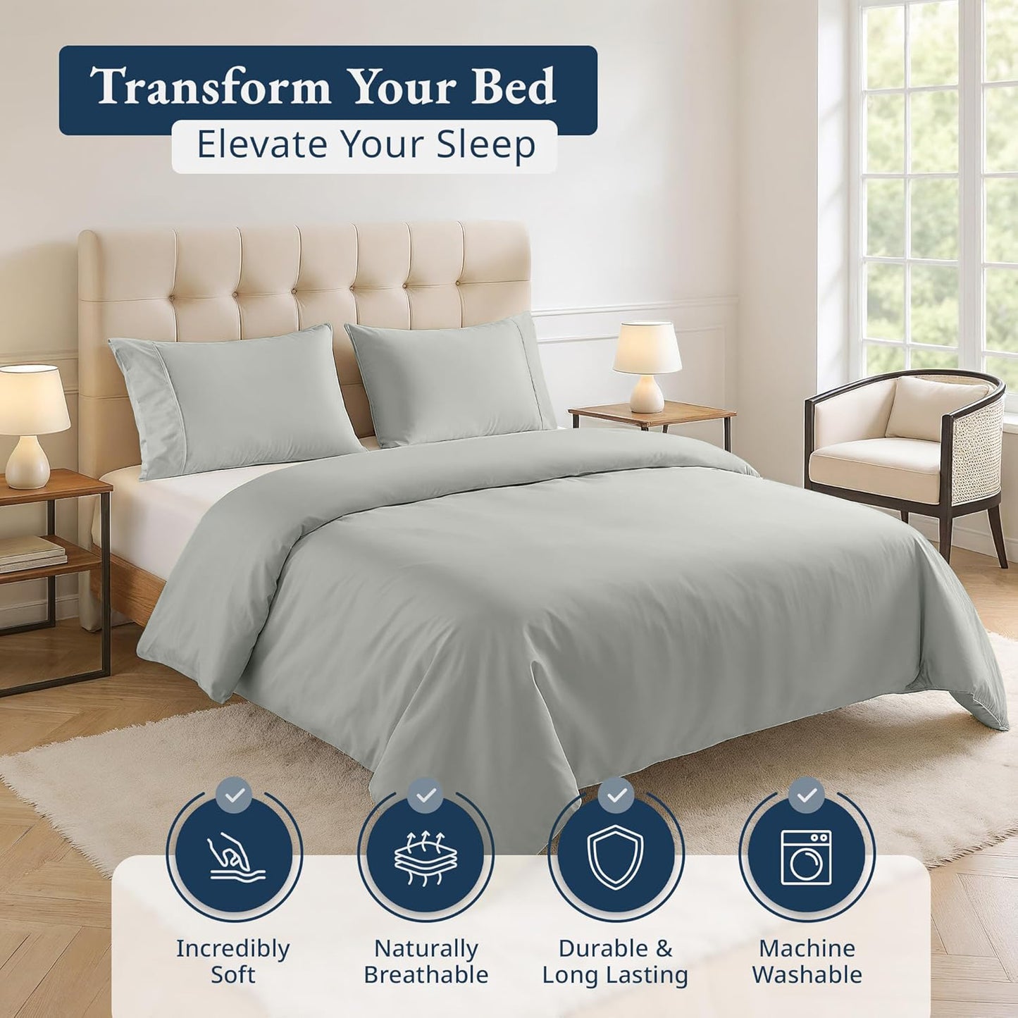 100% Organic Washed Cotton Quilt Cover Set - Silver