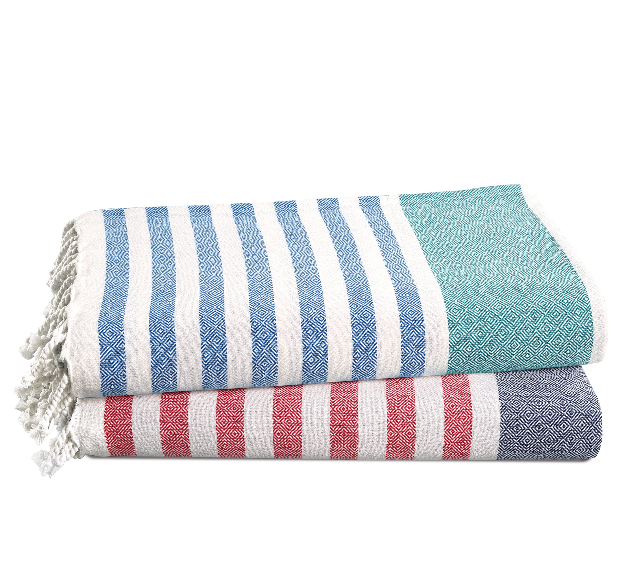 Set of 2 100% Cotton Diamond Turkish Beach Towels - Green Red Stripe