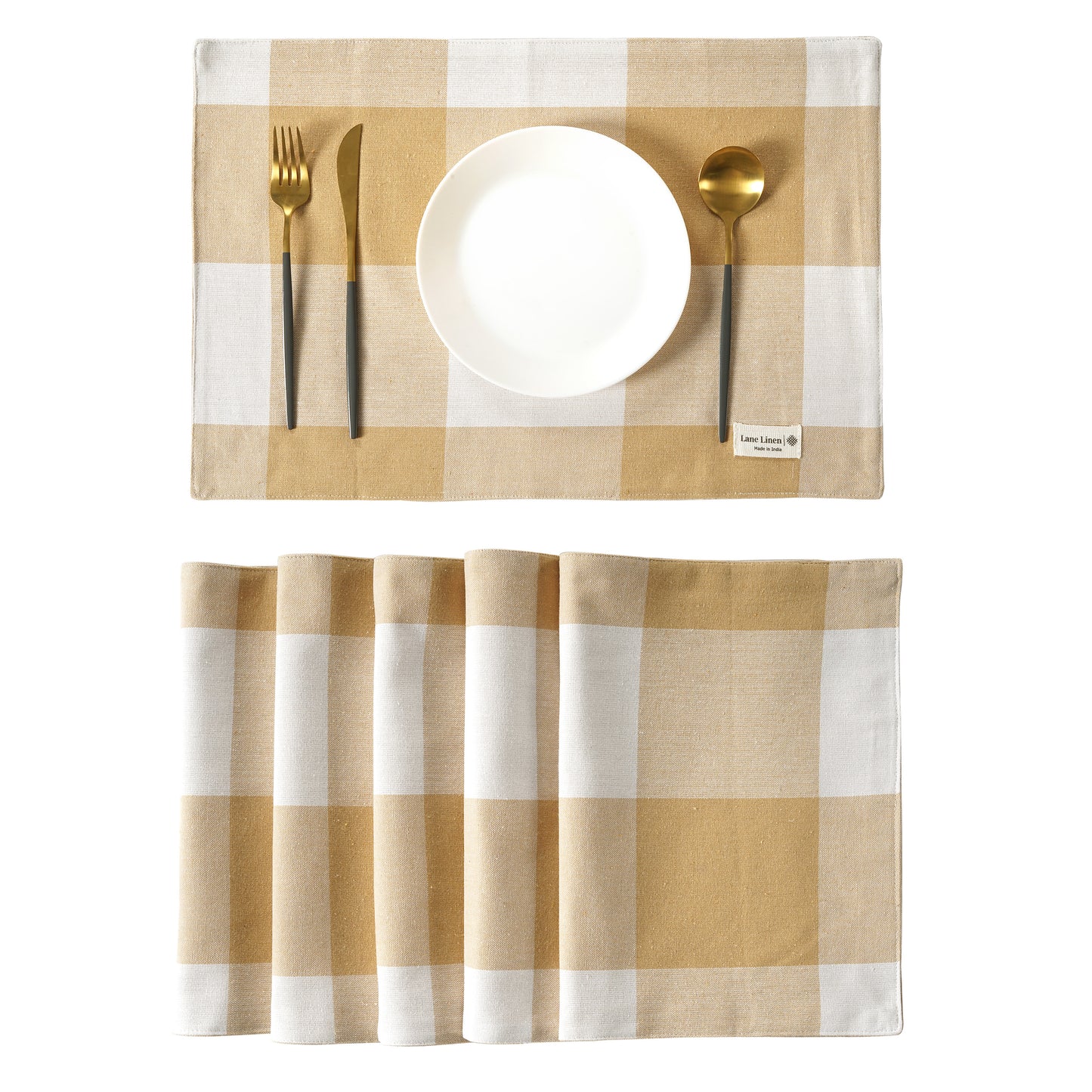 Set of 6 100% Cotton Placemats - Beige Check