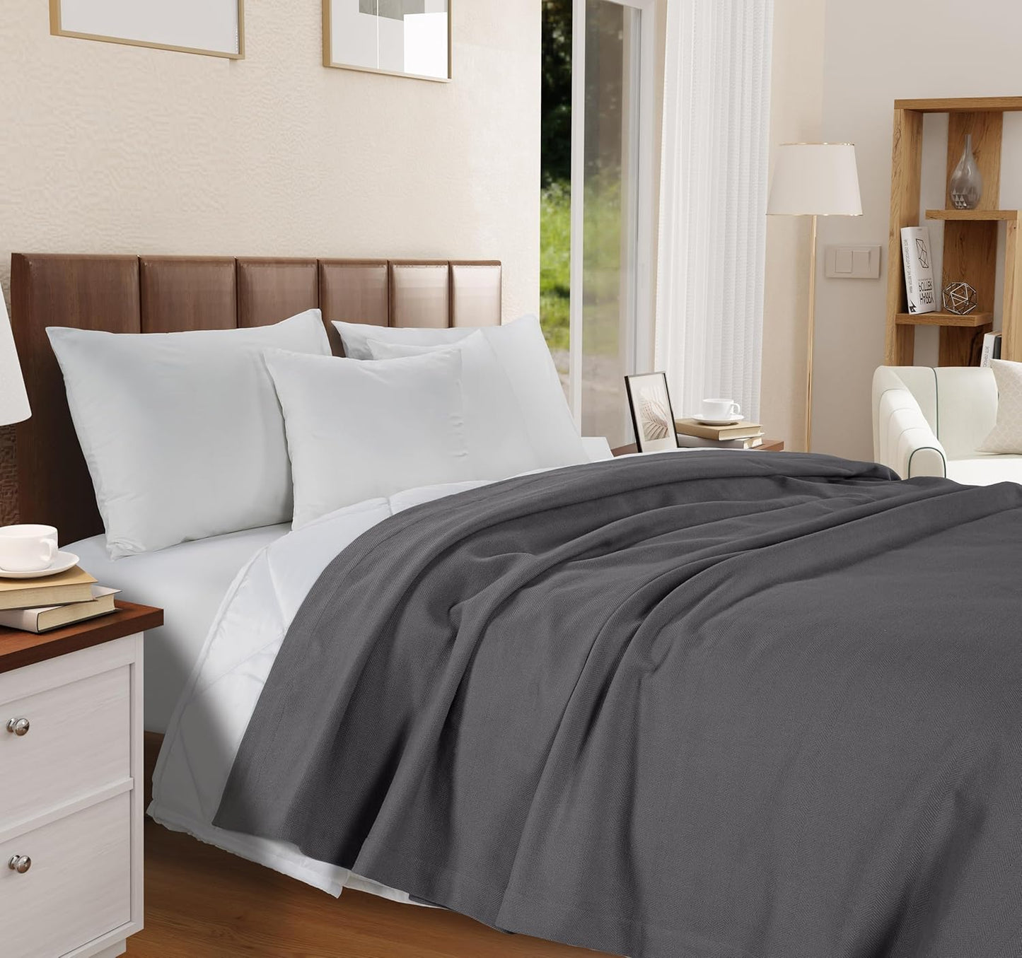 100% Cotton Herringbone Blanket - Grey