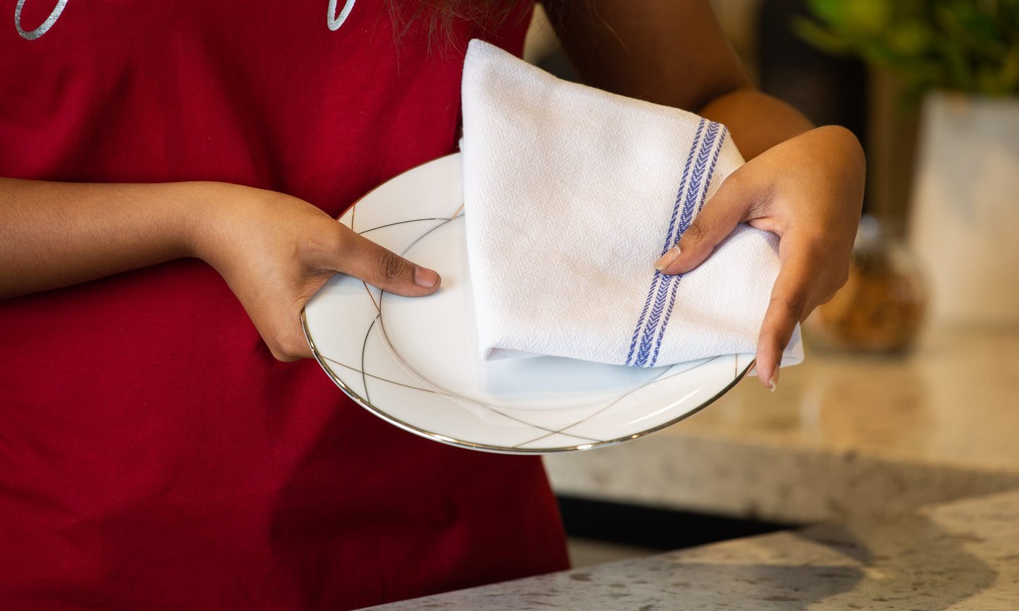 Set of 12 Herringbone Kitchen Towels - Blue Stripe