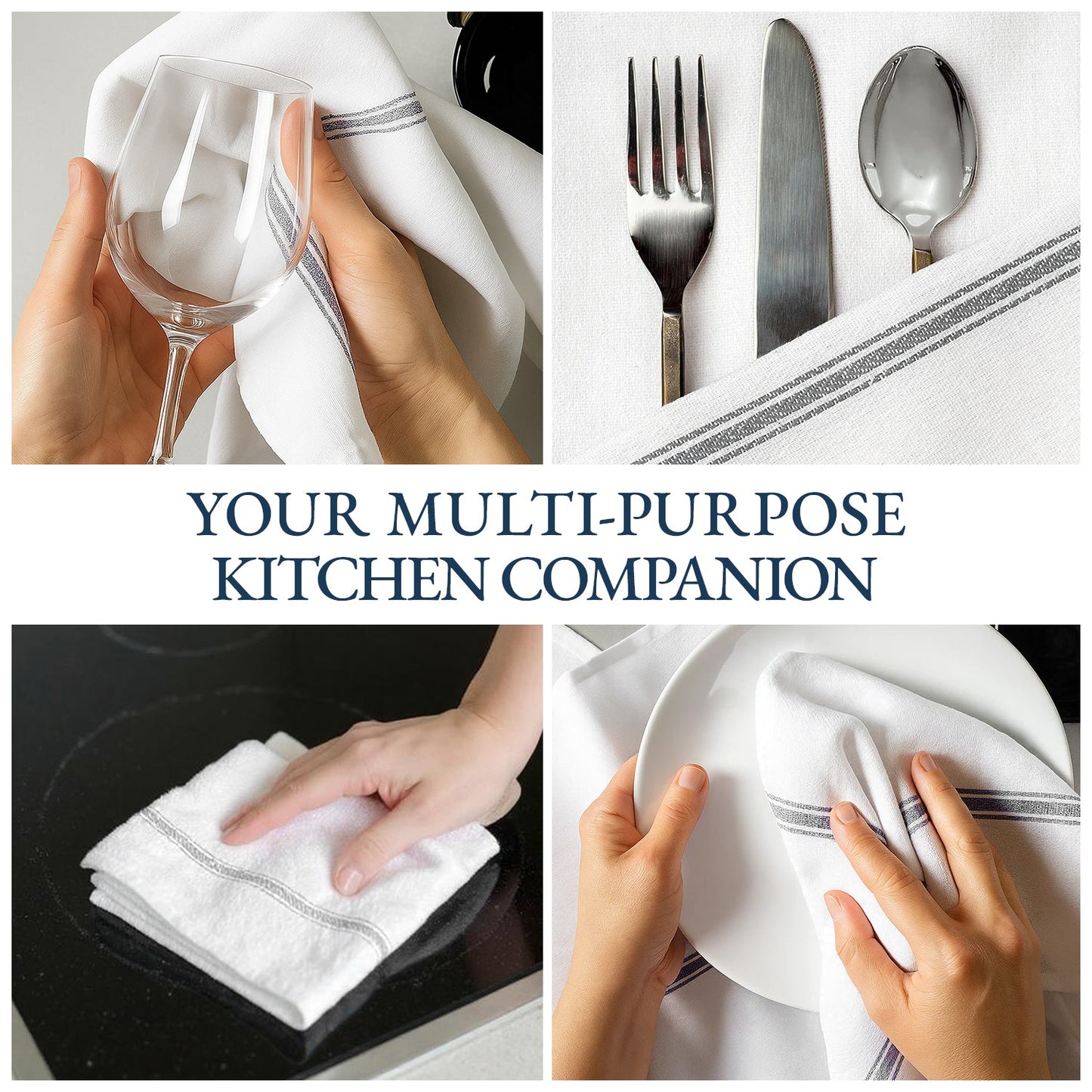 Set of 12 Herringbone Kitchen Towels - Grey Stripe