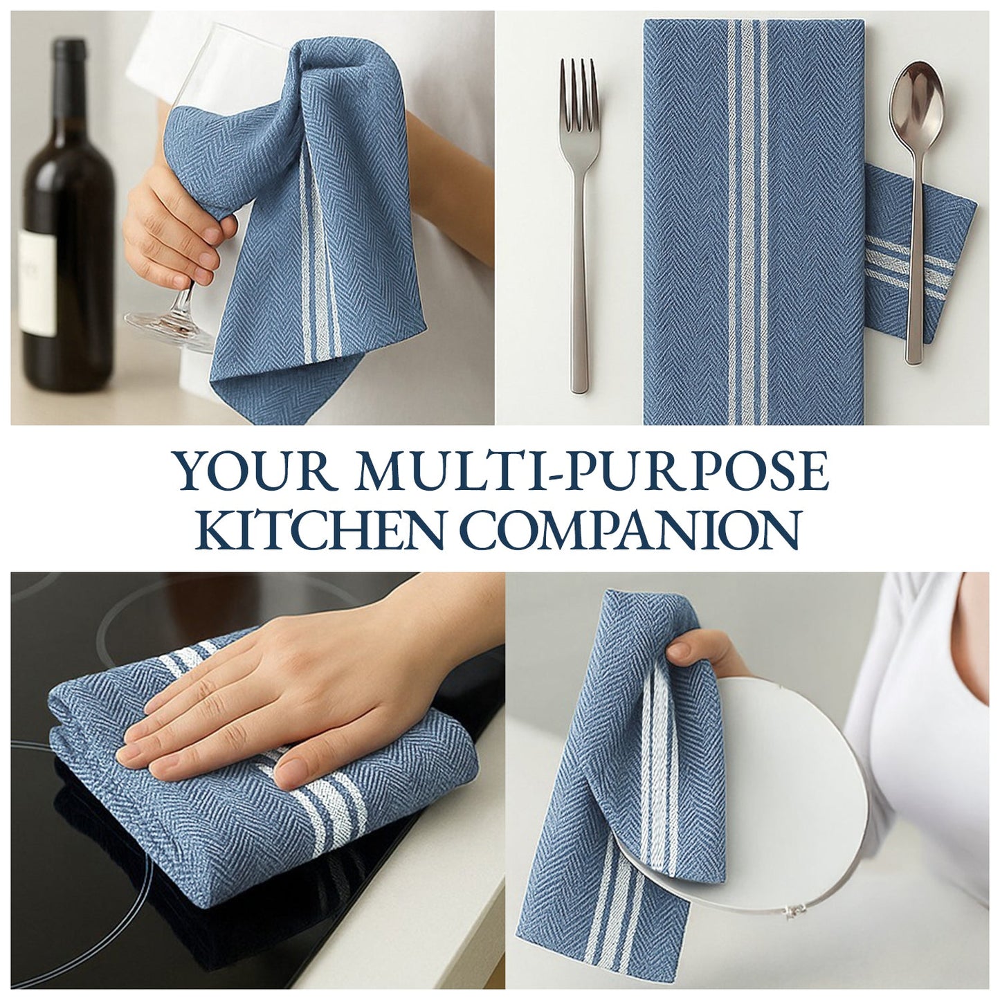 Set of 12 Herringbone Kitchen Towels - Indigo