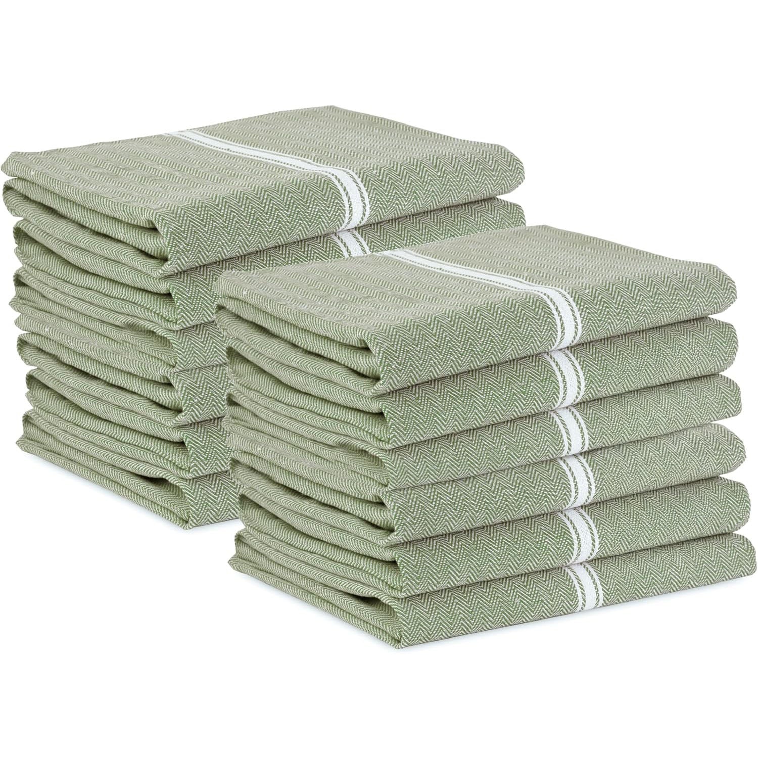 Set of 12 Herringbone Kitchen Towels - Olive
