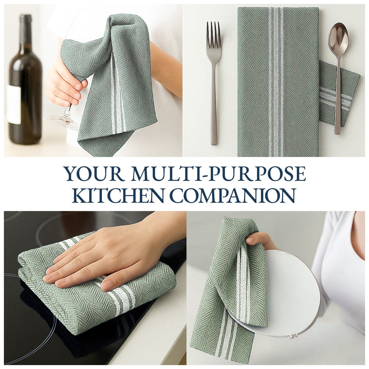 Set of 12 Herringbone Kitchen Towels - Olive