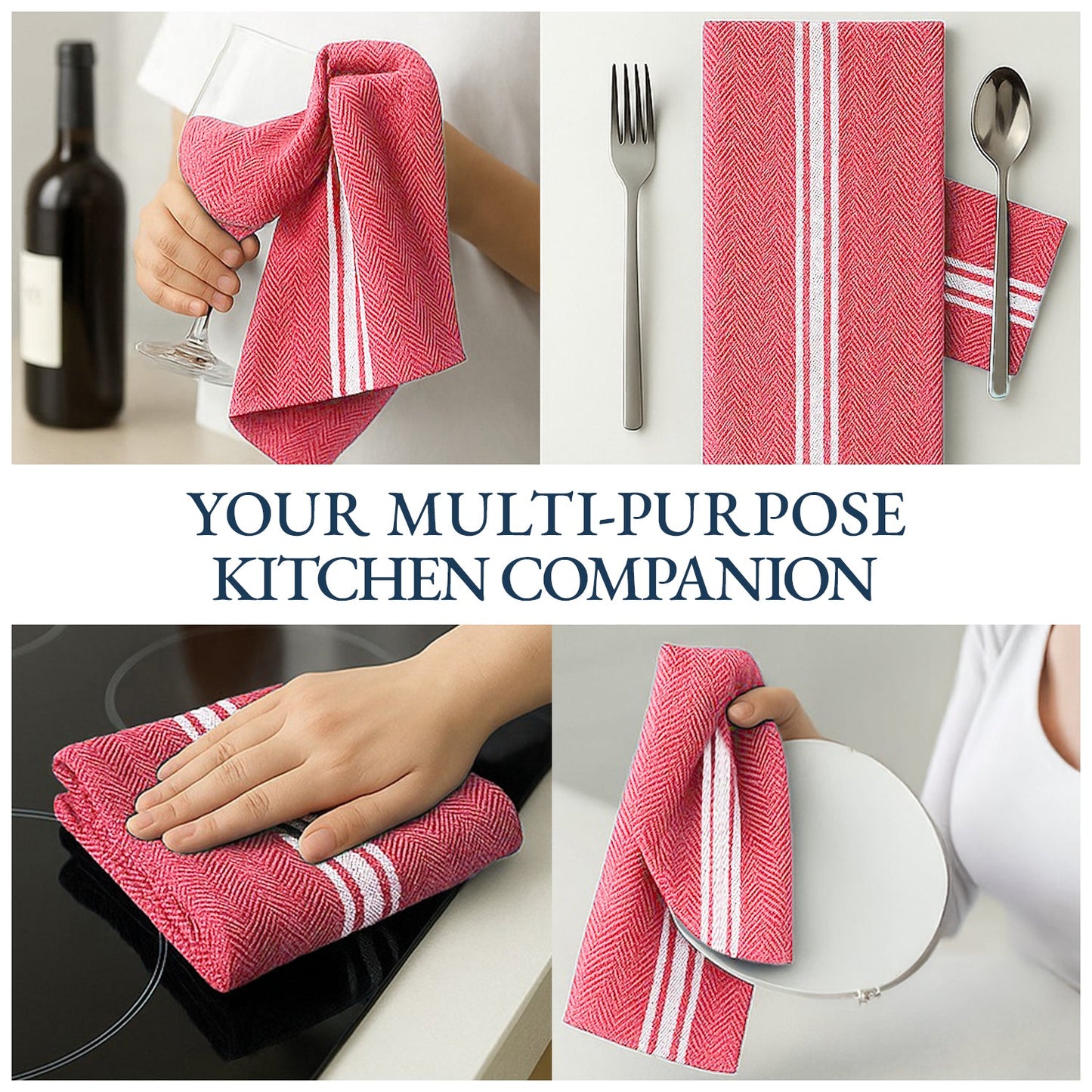 Set of 6 Herringbone Kitchen Towels - Red