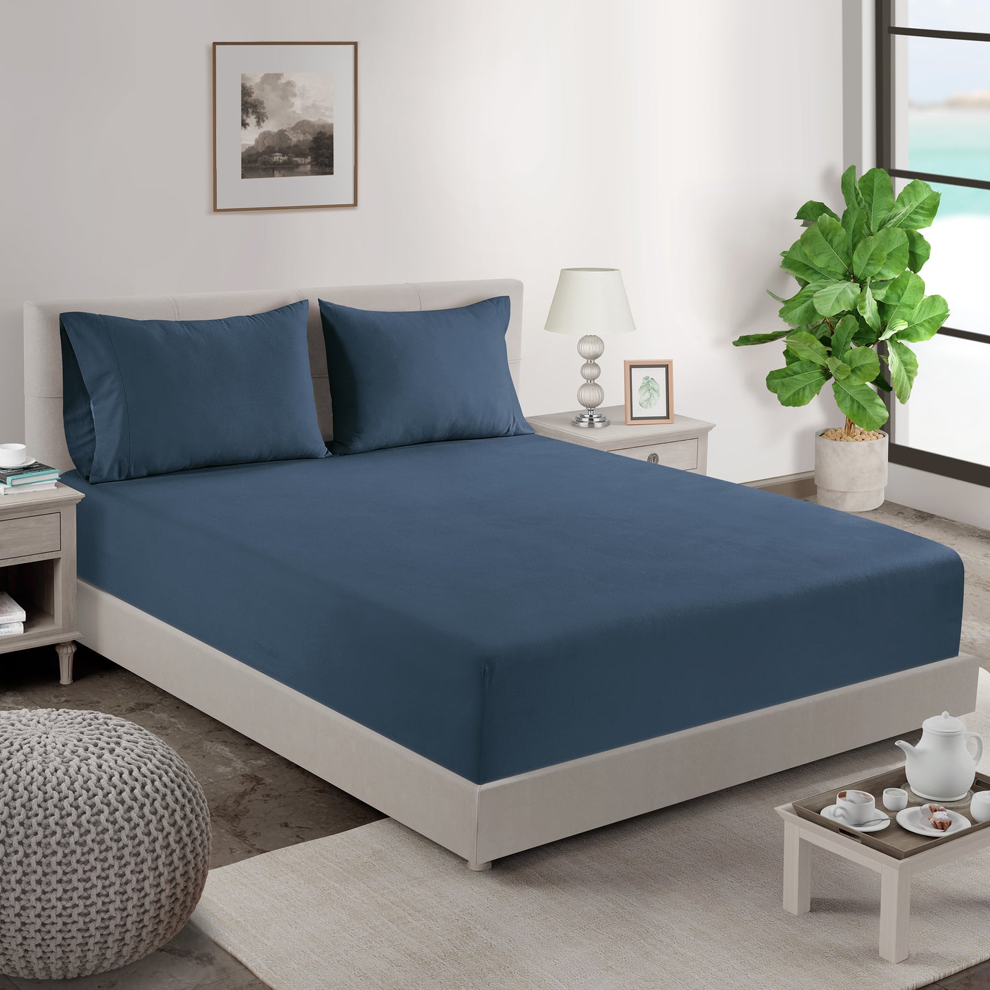 100% Organic Washed Cotton Fitted Sheet Set - Estate Blue