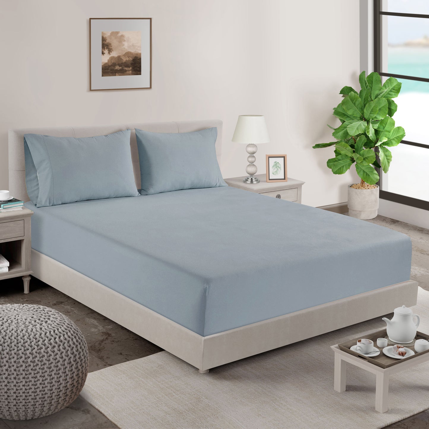 100% Organic Washed Cotton Fitted Sheet Set - French Blue