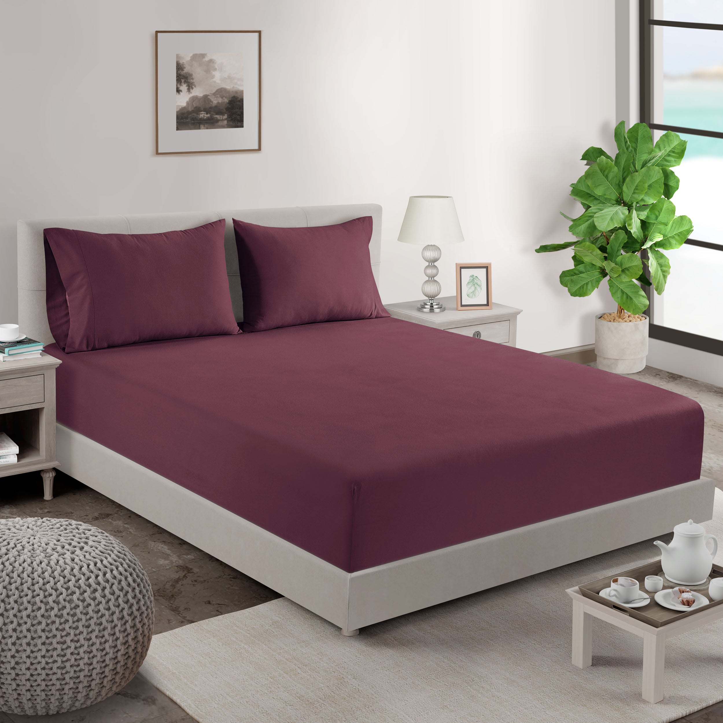 100% Organic Washed Cotton Fitted Sheet Set - Windsor Wine