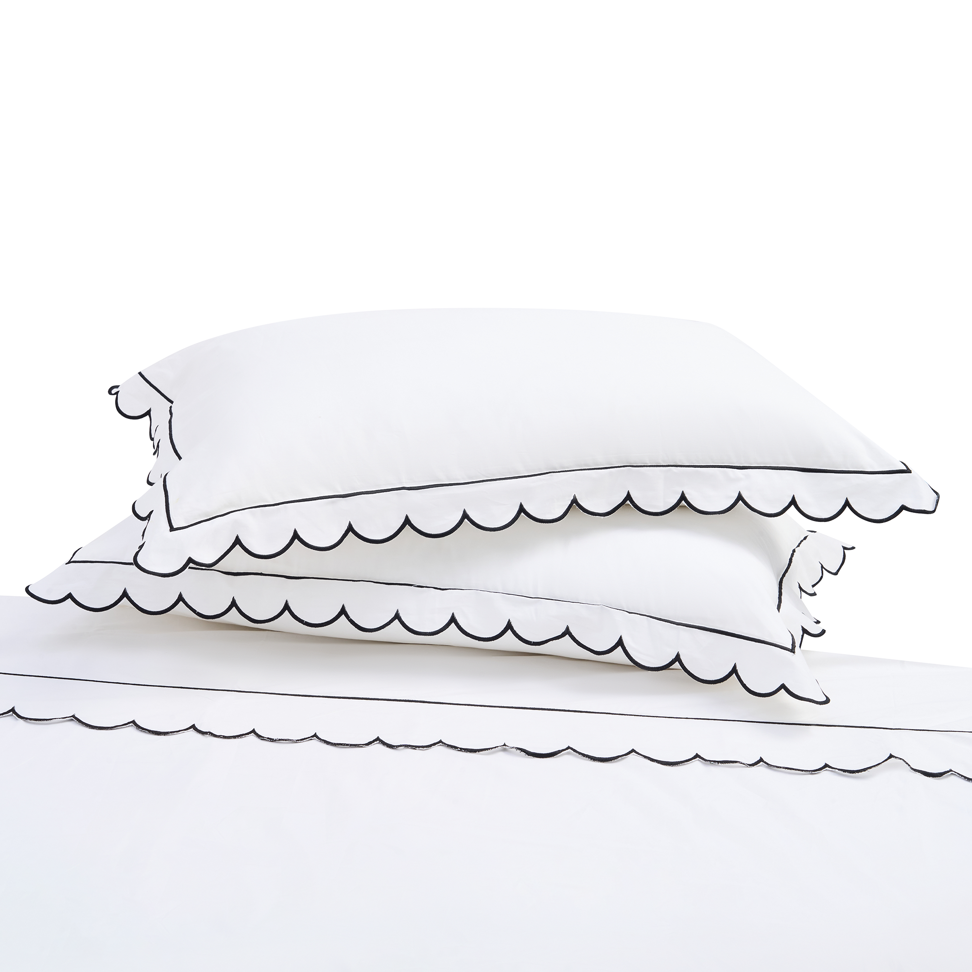 100% Cotton Scalloped Sheet Set - White with Black