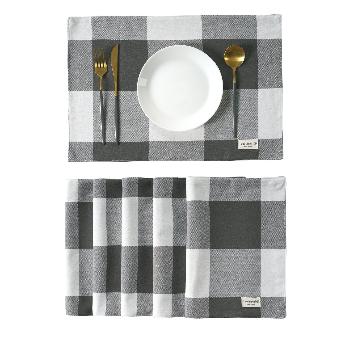 Set of 6 100% Cotton Placemats - Grey Check